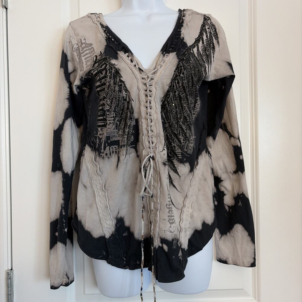 Women Y2K Affliction Rhinestone Shirt Size M, Mallgoth, Whimsygoth, Grunge Fairy